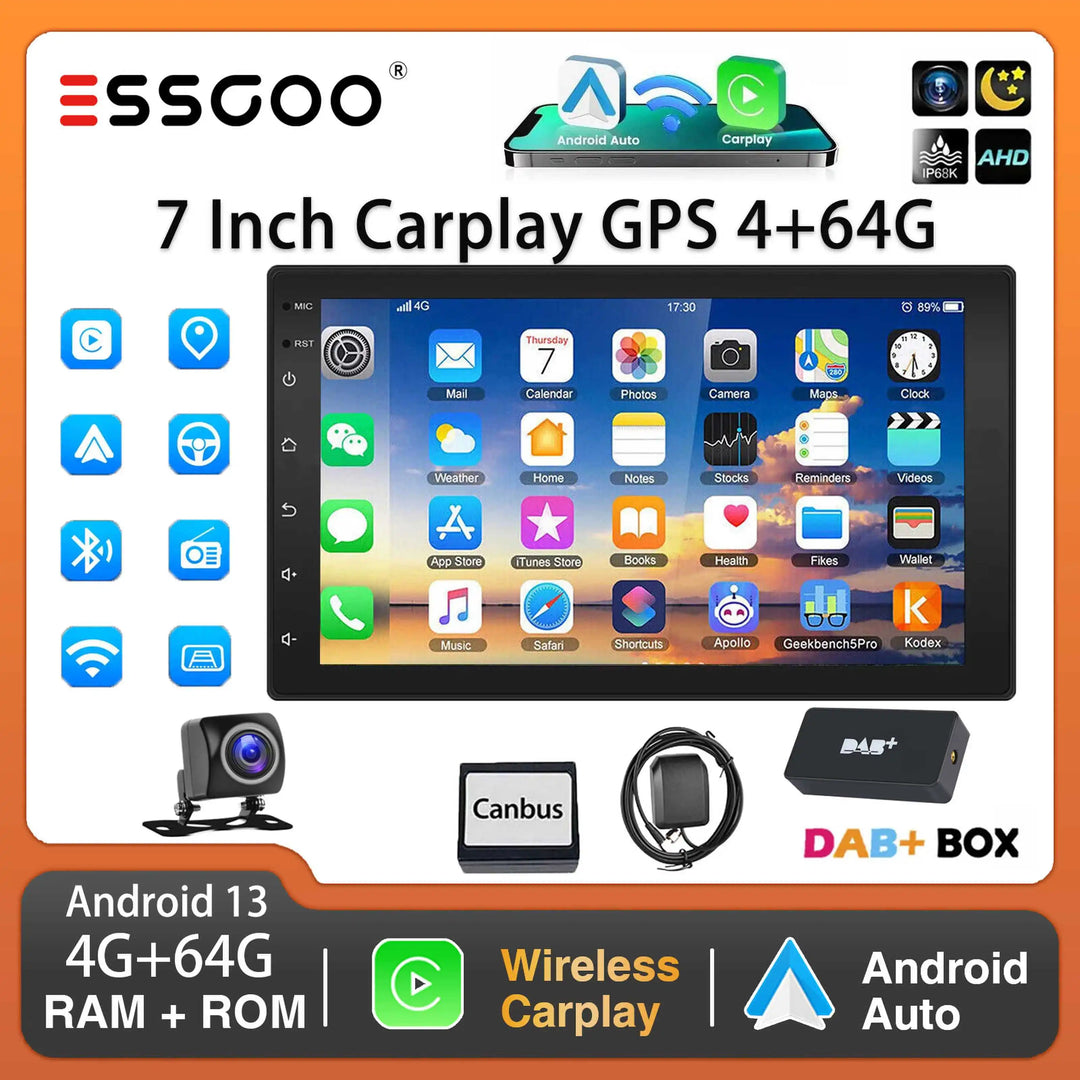 ESSGOO Car Stereo Radio Wireless CarPlay Android Auto 2 DIN 7" Car Stereo HD FM-Radio GPS Touch Screen Head Unit 4+64G DAB+AHD