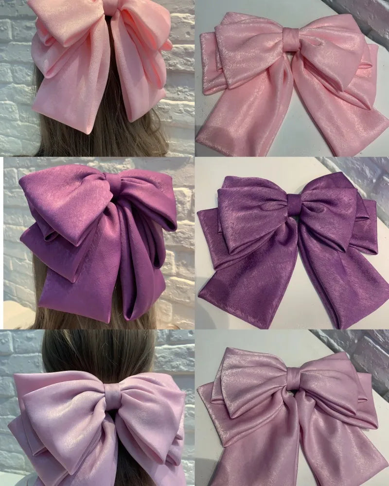 Fashion Pink Big Bow Hairpin Women's Bows Hair Accessories Long Ribbon Hair Clip for Girls Sweets Four-layer Satin Chiffon Bow