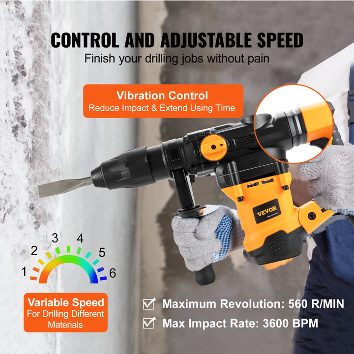 VEVOR 1600W Rotary Hammer Drill Max Drilling 42mm 3 Modes SDS Max Corded Demolition Chipping Metal Concrete Breaker Jackhammer