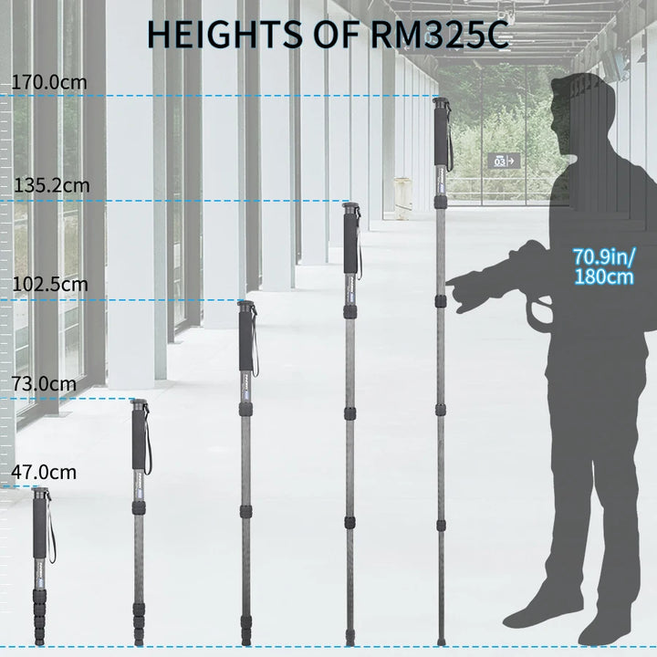 RM285C/RM325C Professional Carbon Fiber Monopod for Canon Nikon Sony DSLR Camera Video Camcorder 5-Section Photography Bracket