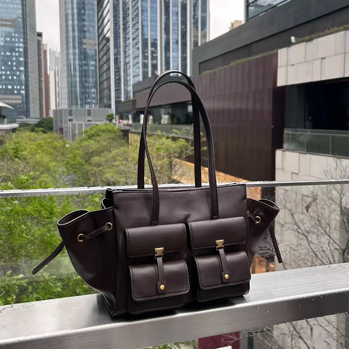 Luxury Brand Silver Buckle Fashion Genuine Leather Handbag New Large Capacity Tote Bag Designer Women's Commuter Shoulder Bag
