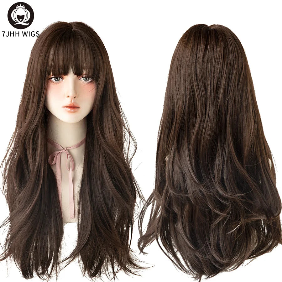 7JHHWIGS Long Wavy Synthetic Black Wigs For Women With Fringe Fashion Heat Resistant Mid-Length Daily Straight Light Brown Hair