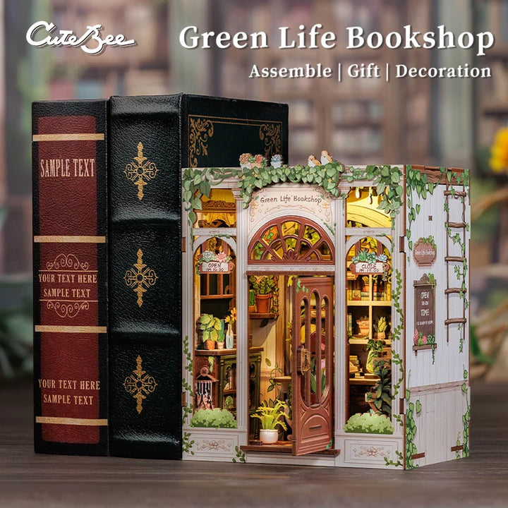 CUTEBEE Bookstore Book Nook with Light DIY Miniature Wooden Dollhouse for Decor Gift Bookshelf Insert Kit 3D Puzzle