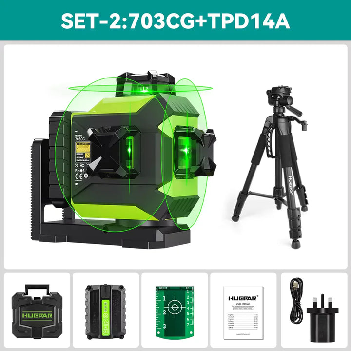 Huepar 703CG 12 Lines 3D Laser Level Self-Leveling Cross Line Green Level Adjust Bright Alignment Laser Tool with Li-ion Battery
