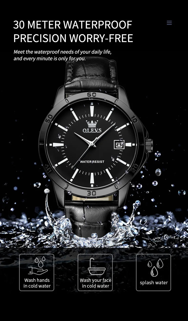 OLEVS TY716 Mens Watch Original Fashion Quartz Watch For Men Waterproof Leather Strap Calendar Daily Automatic Date Mens Gifts