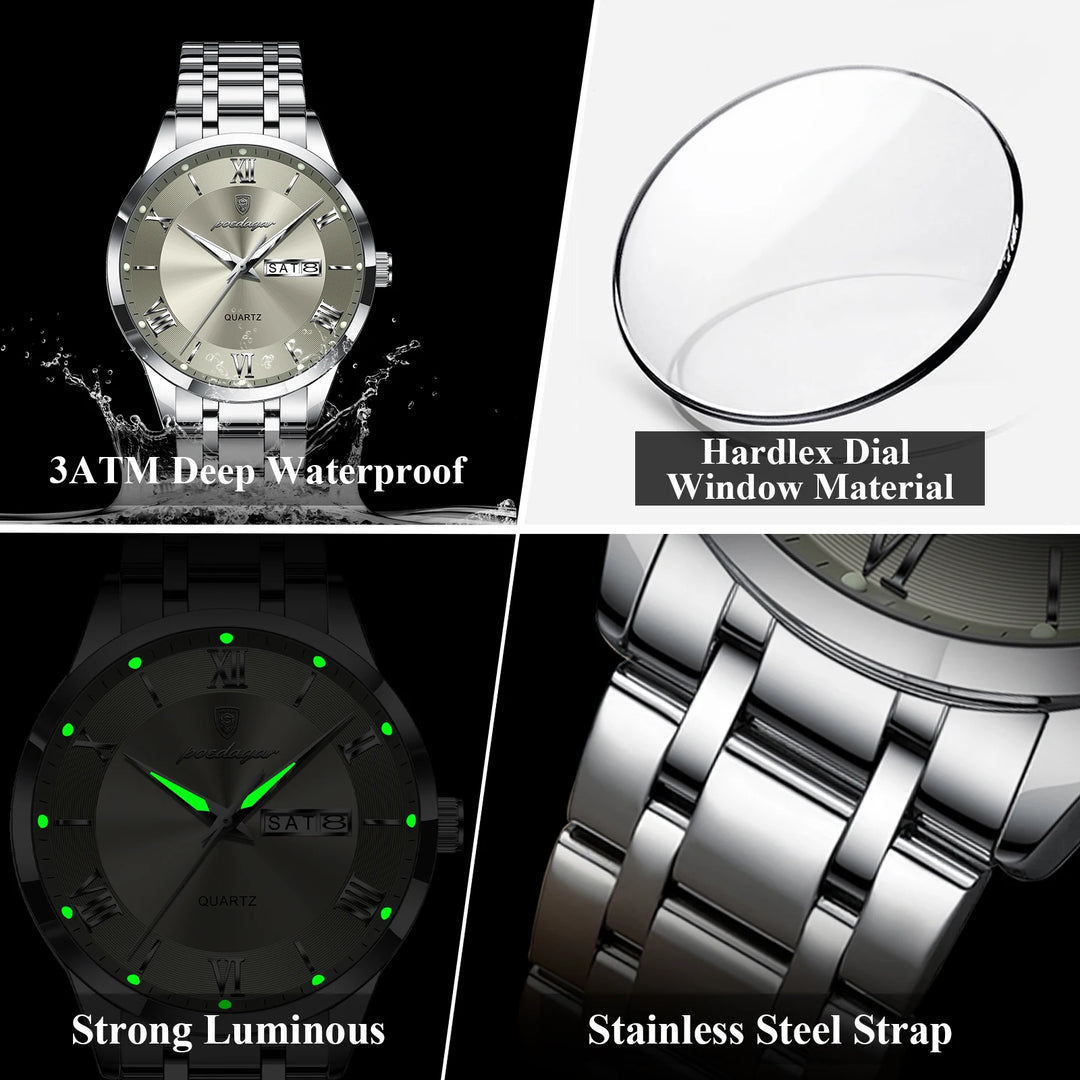 POEDAGAR Business Fashion Man Watch Waterproof Luminous Date Week Male Wristwatch Stainless Steel Quartz Men Watches Reloj +Box
