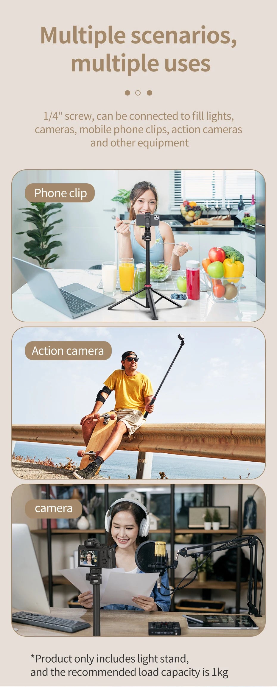 Ulanzi MT-79 Light Stand Protable Tripod Stand for Phone Clip Action Camera Handheld Cob Light Aluminum Alloy 2M Light Stand