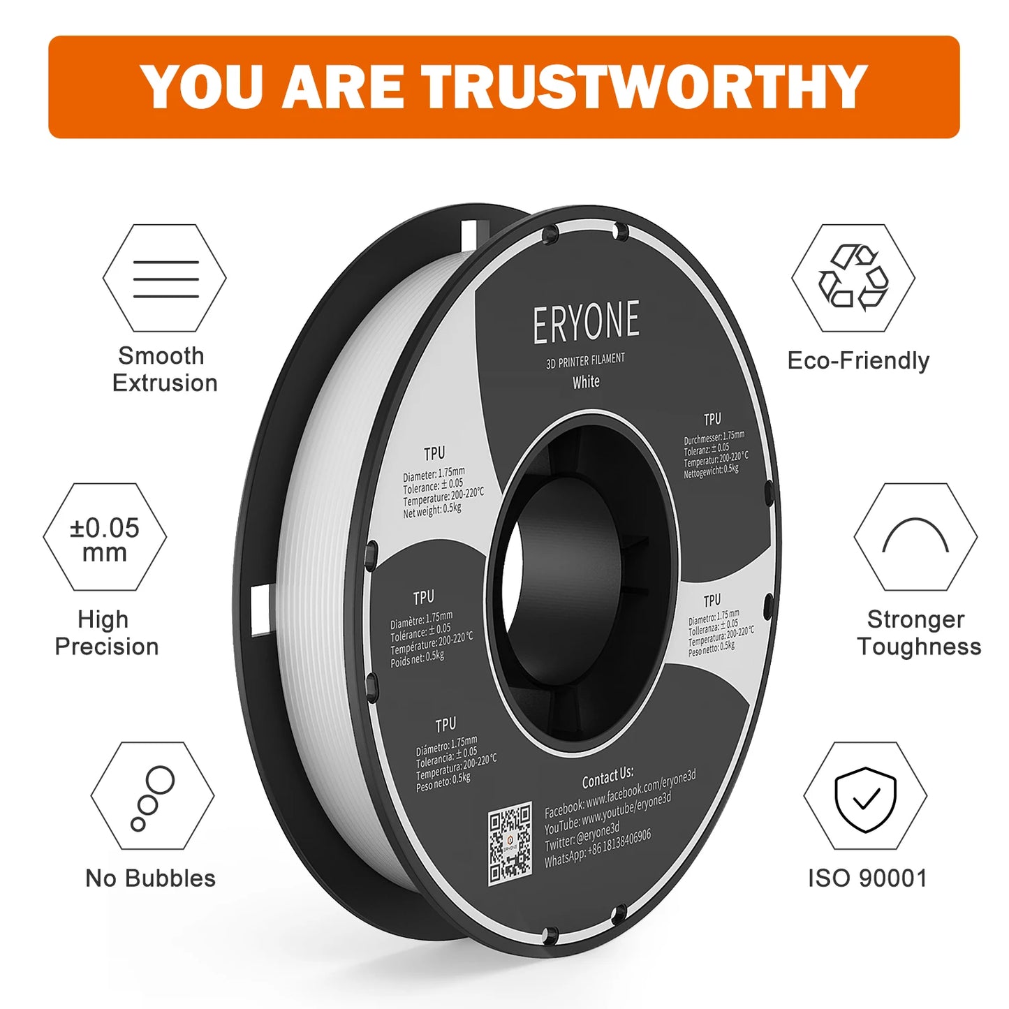 Eryone Flexible TPU Filament 1.75mm 3D Printing TPU Filament for 3D Printer,1 Spool, Transparent 0.5kg