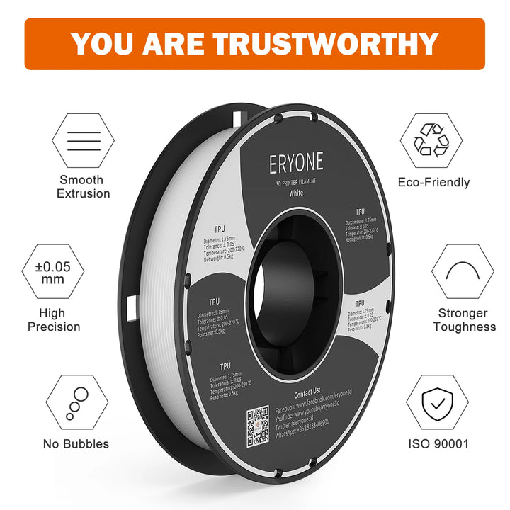Eryone Flexible TPU Filament 1.75mm 3D Printing TPU Filament for 3D Printer,1 Spool, Transparent 0.5kg
