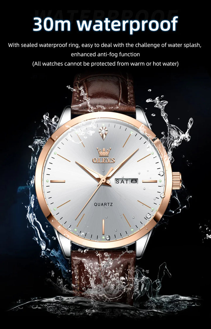 OLEVS Fashion Business Brand Original Men Watches Leather Strap Trend Week Calendar Quartz Watch Luminous Waterproof 43mm Dial