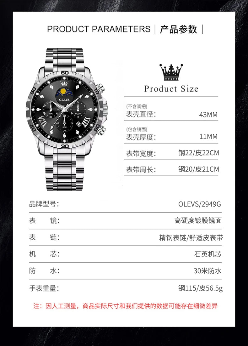 OLEVS Original Moon Phase Men Watches Luminous Skeleton Waterproof Quartz Watch Calendar Chronograph Stainless Steel Wristwatch