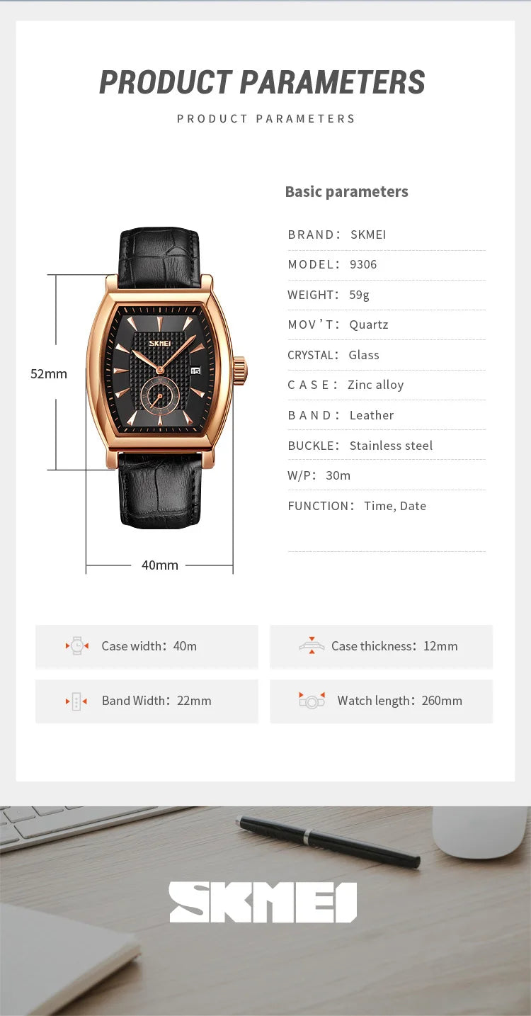 SKMEI relogio masculino Top Brand Luxury Genuine Leather Strap Business Mens Watches Waterproof Quartz Date Time Wristwatches