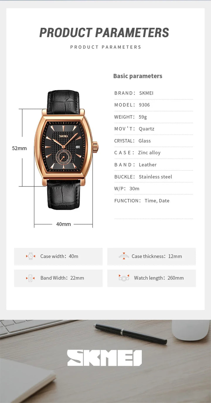 SKMEI relogio masculino Top Brand Luxury Genuine Leather Strap Business Mens Watches Waterproof Quartz Date Time Wristwatches