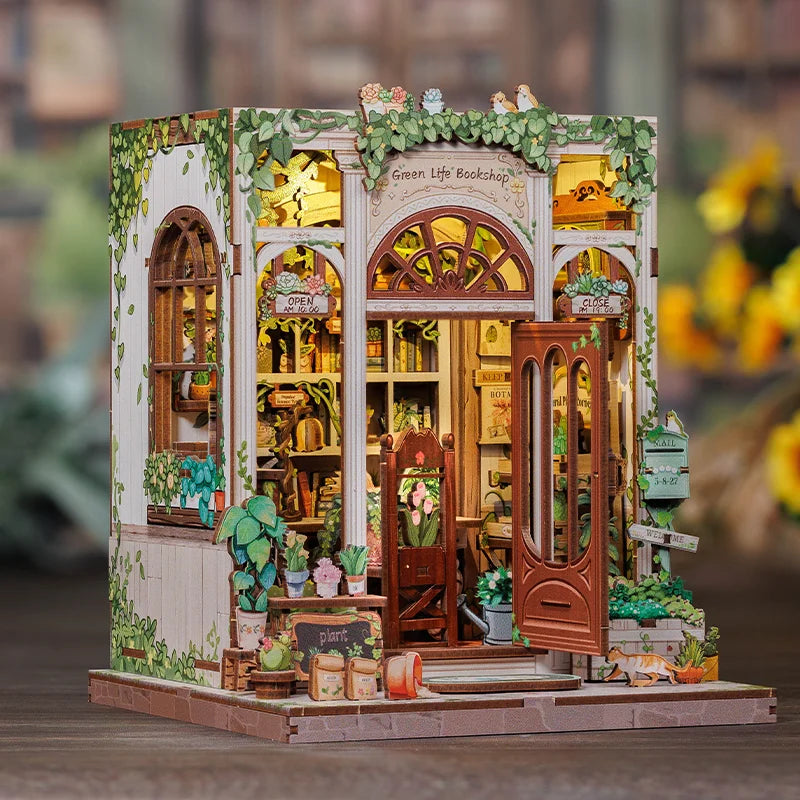 CUTEBEE Bookstore Book Nook with Light DIY Miniature Wooden Dollhouse for Decor Gift Bookshelf Insert Kit 3D Puzzle