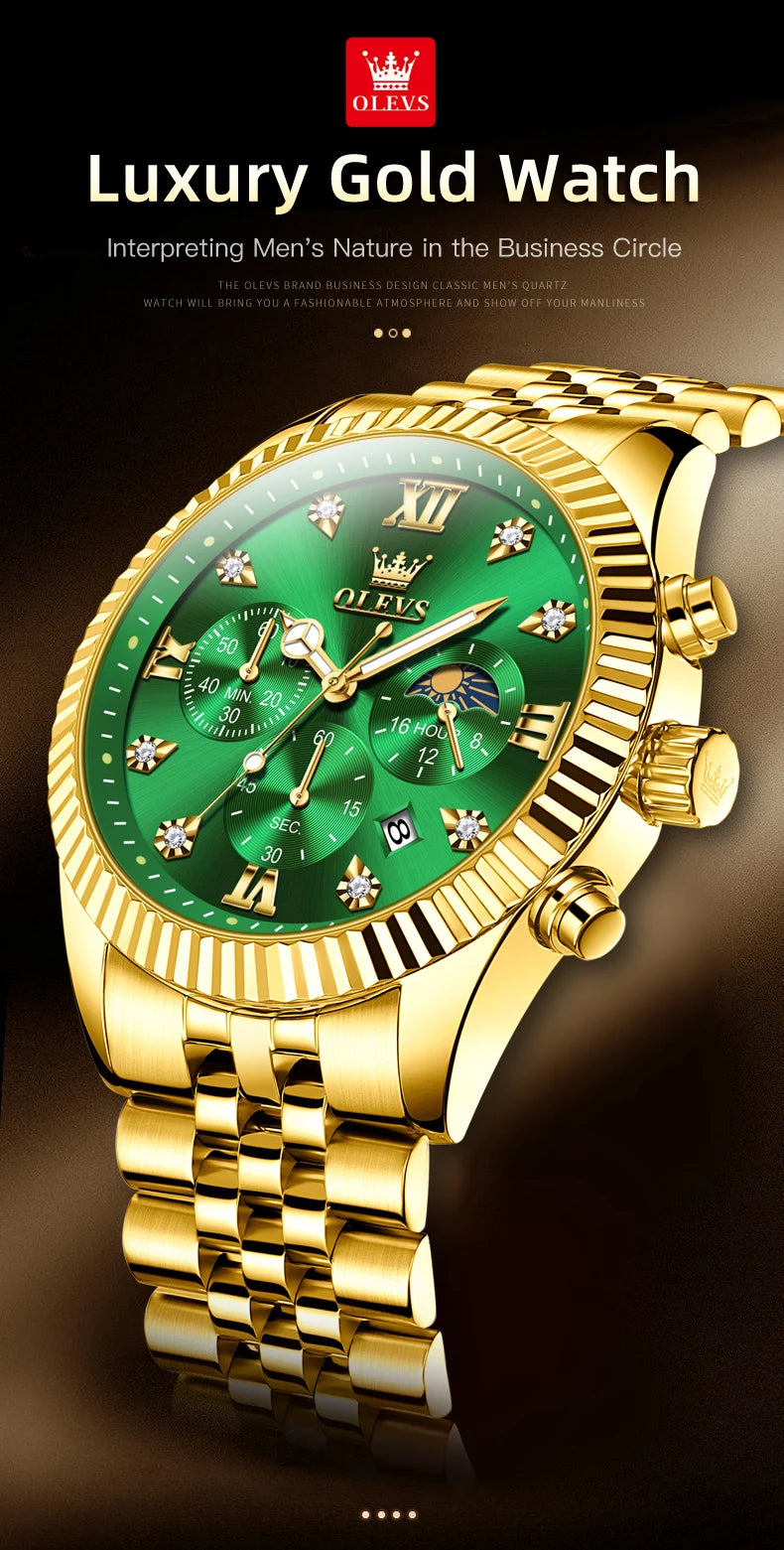 OLEVS Men's Watches Luxury Gold Original Quartz Watch for Man Waterproof Classic Commemorative Strap Moon Phase Chronograpgh