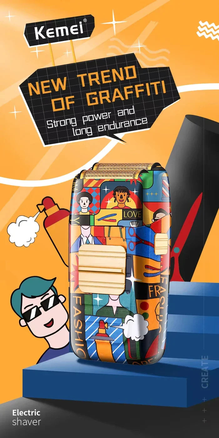 Kemei Professional Electric Hair Clipper Rechargeable Graffiti Pattern Beard Trimmer Men's Shaver KM-MAX2092 KM-MAX5090 KM-1102H