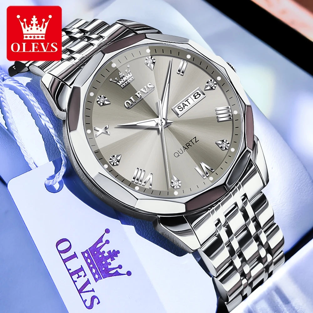 OLEVS Men's Watches Causal Fashion Original Quartz Watch for Man Waterproof Stainless Steel Luminous Date Week Trend Dress Reloj