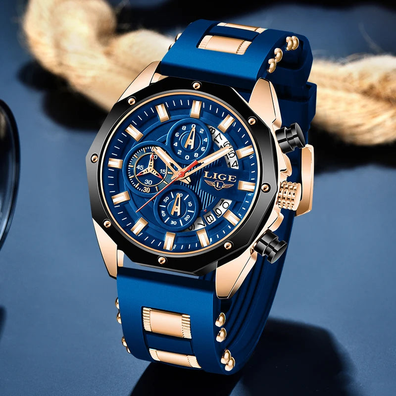LIGE Brand Watch Men Silcone Sports Watches Men's Army Military Quartz Wristwatch Chronograph Male Clock Relogio Masculino+BOX