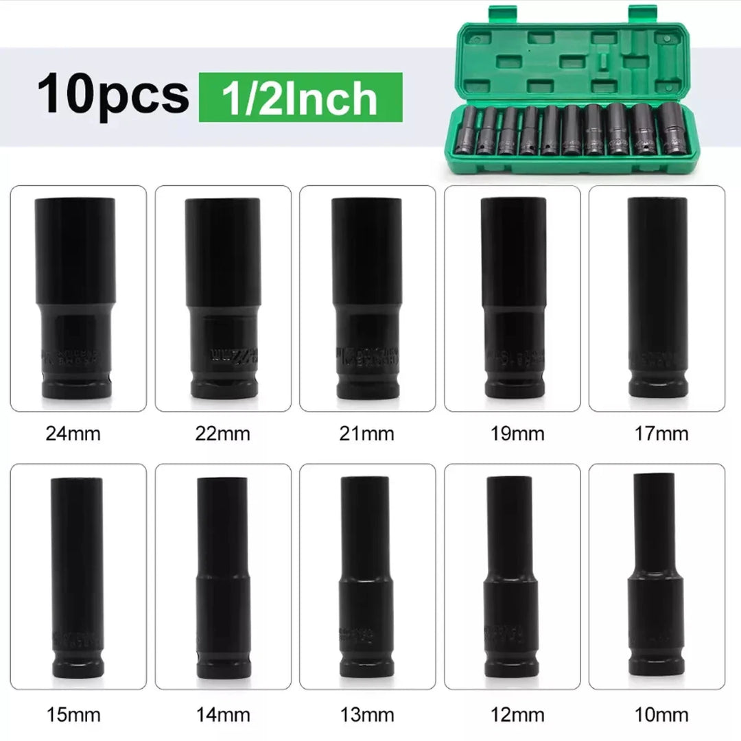 10pc Metric Deep Impact Socket 1/2" Drive 10mm-24mm 6 Point Sockets w/ Case Set