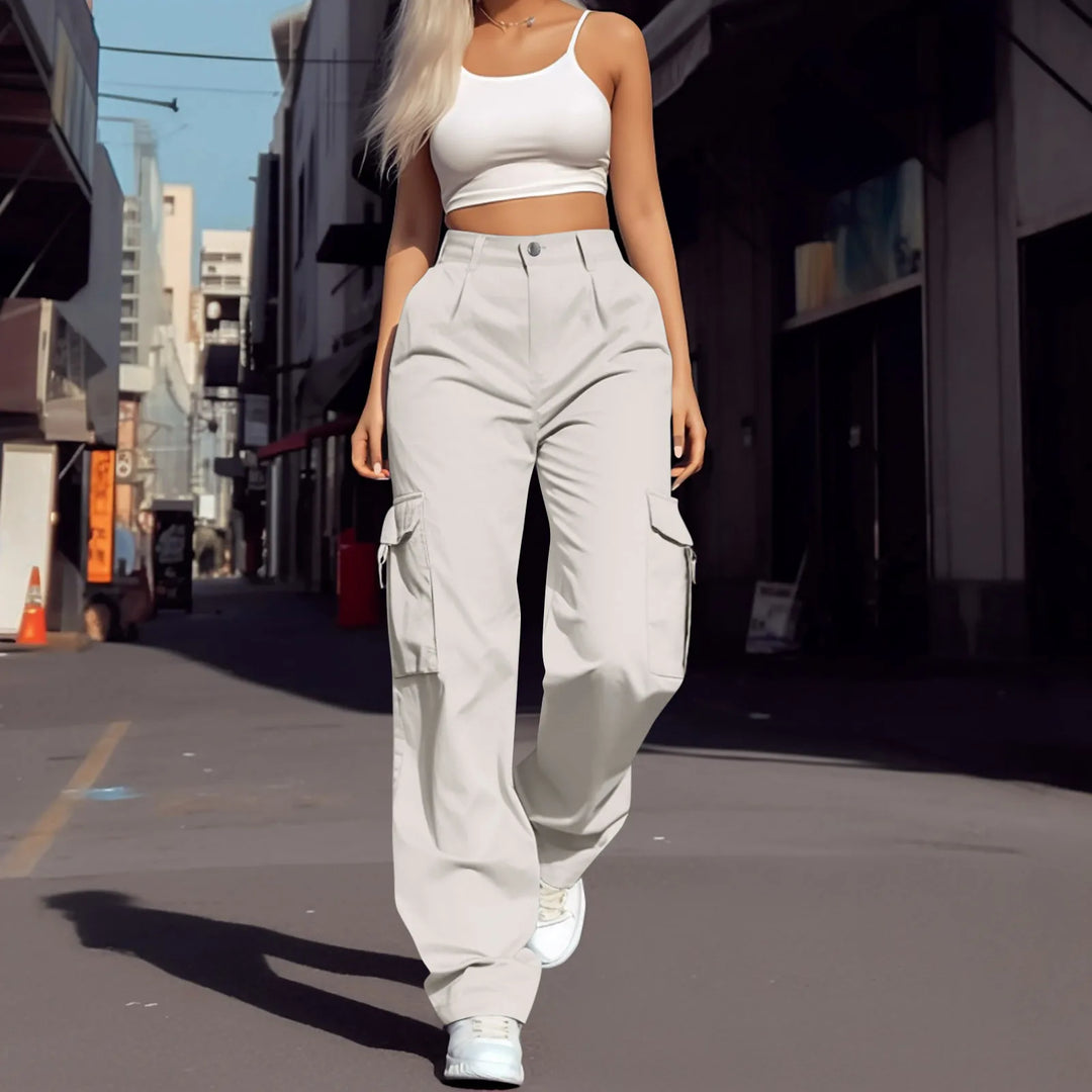 Womens Cargo Pants High Waist Streetwear Multi Pocket Y2k Parachute Pants Button Solid Color Wide Leg Trousers
