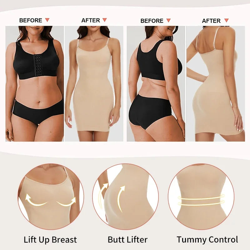 Women Shapewear Full Slip Tummy Control Crew Neck Cami Mini Under Dress Smooth Body Shaper New Spaghetti Straps Lingerie