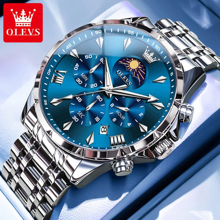 OLEVS Top Moon Phase Fashion Men's Watches Stainless steel Waterproof Quartz Watch for Man Calendar Luminous Daily Wristwatch