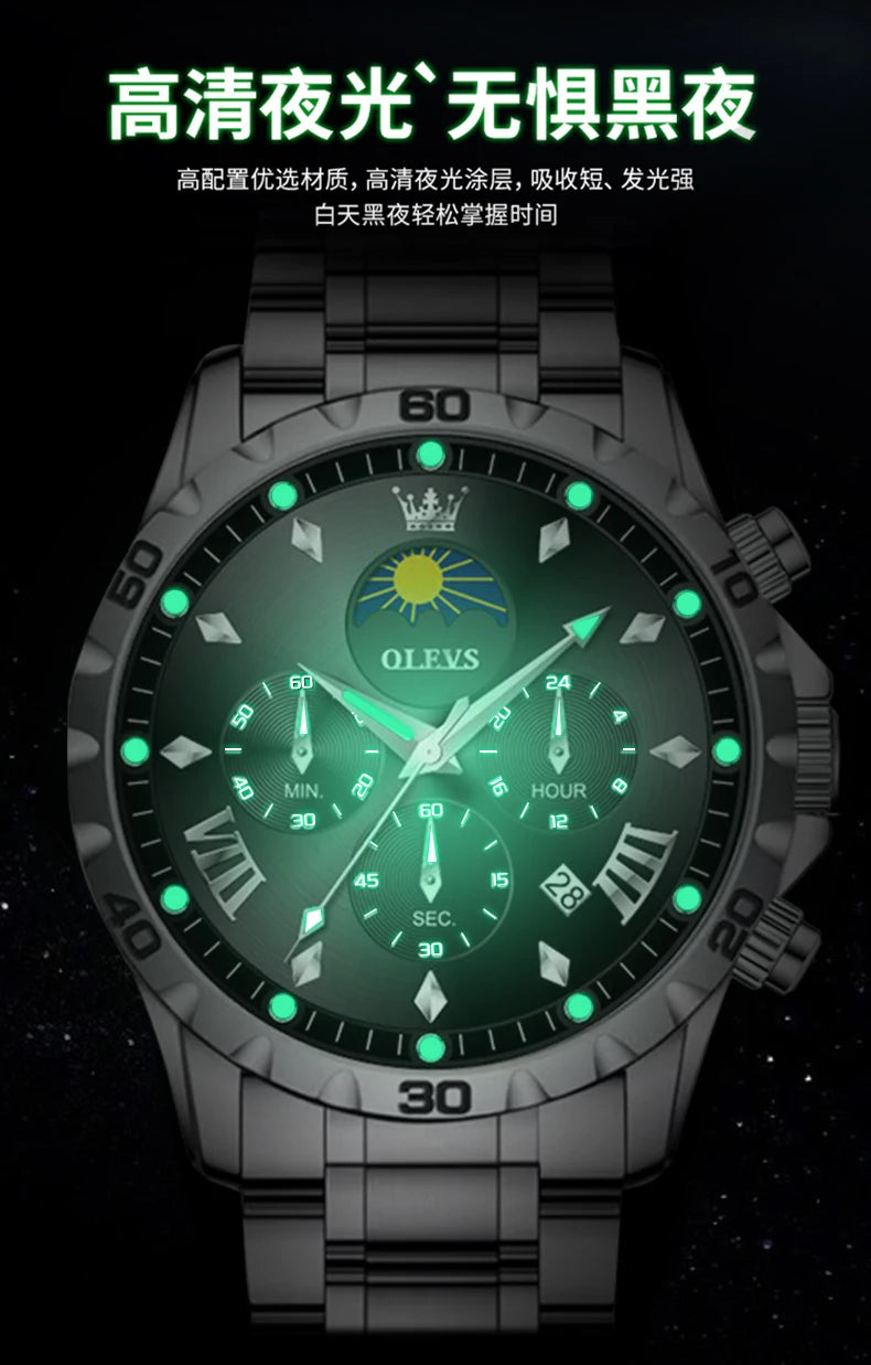 OLEVS Original Moon Phase Men Watches Luminous Skeleton Waterproof Quartz Watch Calendar Chronograph Stainless Steel Wristwatch