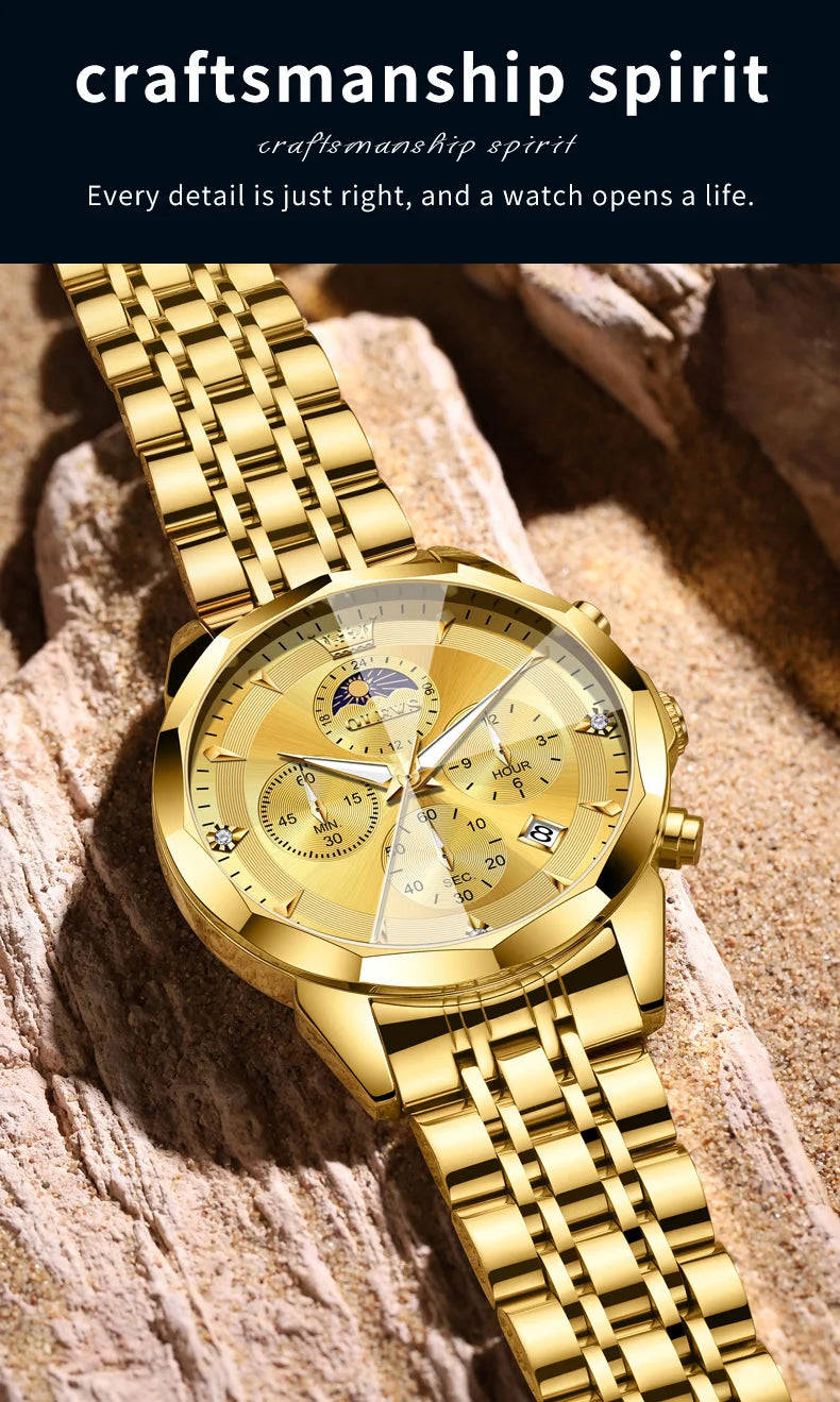 OLEVS 3673 Mens Watch Original Business Brand Quartz Watch Rhombus Mirror Waterproof Luminous Automatic Date Moon Phase Watch
