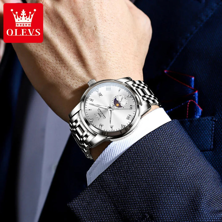 OLEVS Top Brand Men's Watches Fashion Original Quartz Watch for Man Waterproof Stainless Steel Luminous Wristwatch Moon Phase