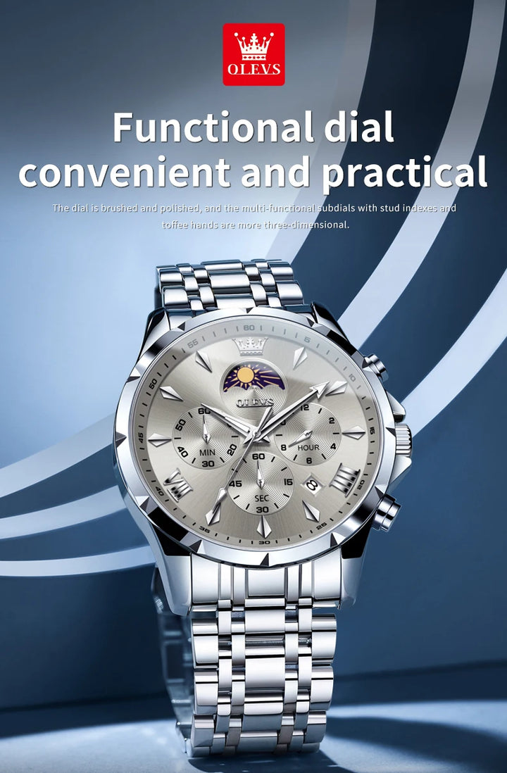 OLEVS Top Moon Phase Fashion Men's Watches Stainless steel Waterproof Quartz Watch for Man Calendar Luminous Daily Wristwatch