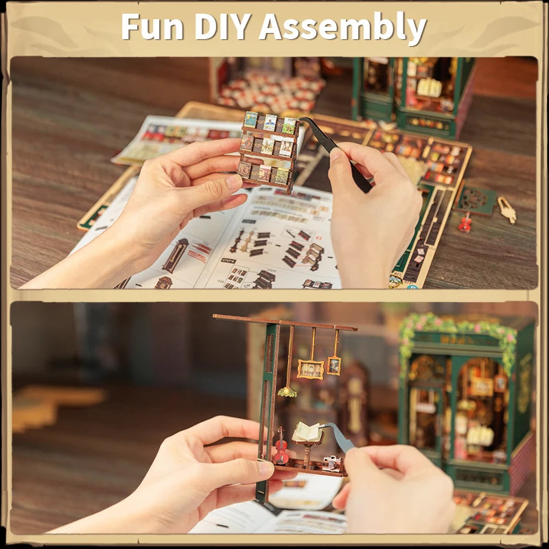 CUTEBEE Bookstore Book Nook with Light DIY Miniature Wooden Dollhouse for Decor Gift Bookshelf Insert Kit 3D Puzzle