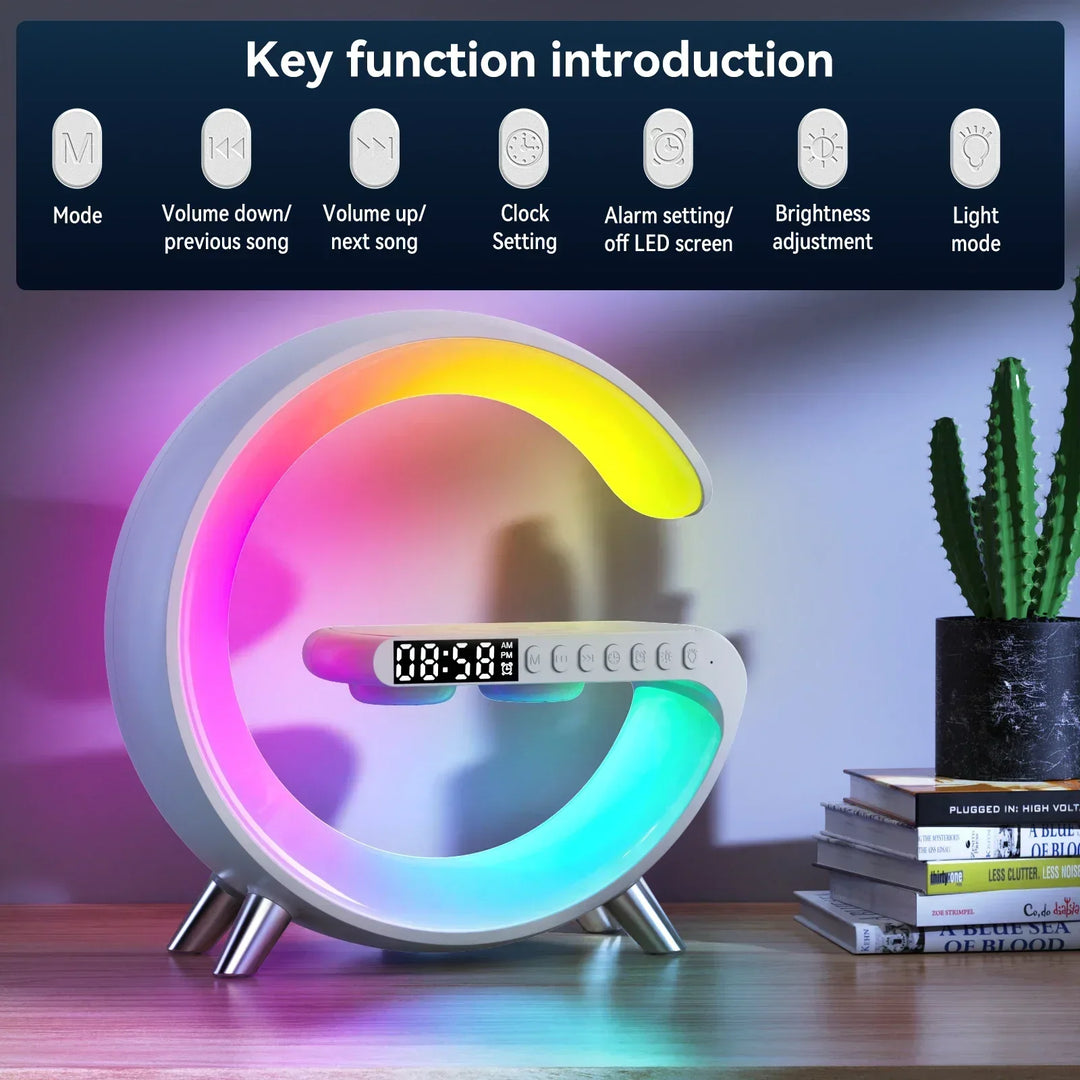 G Wireless Charger Stand Alarm Clock Bluetooth Speaker RGB Night Light Lamp Fast Charging Station Dock for iPhone Samsung Xiaomi