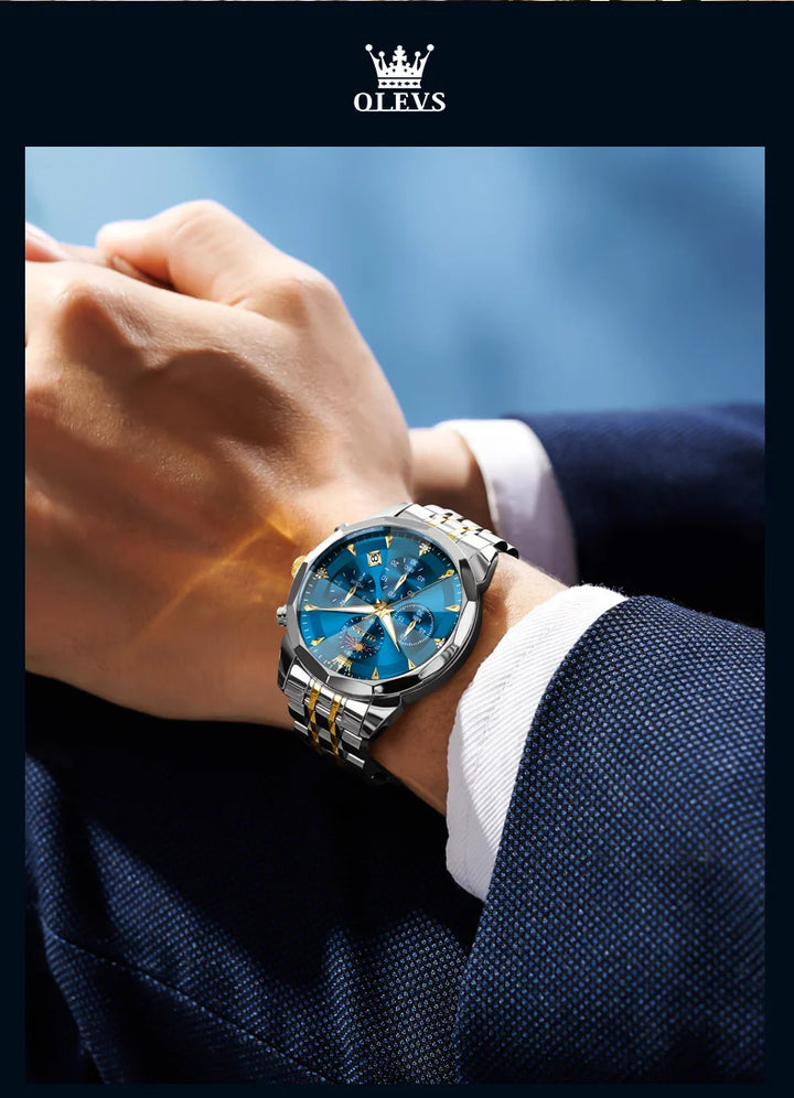 OLEVS 3673 Mens Watch Original Business Brand Quartz Watch Rhombus Mirror Waterproof Luminous Automatic Date Moon Phase Watch