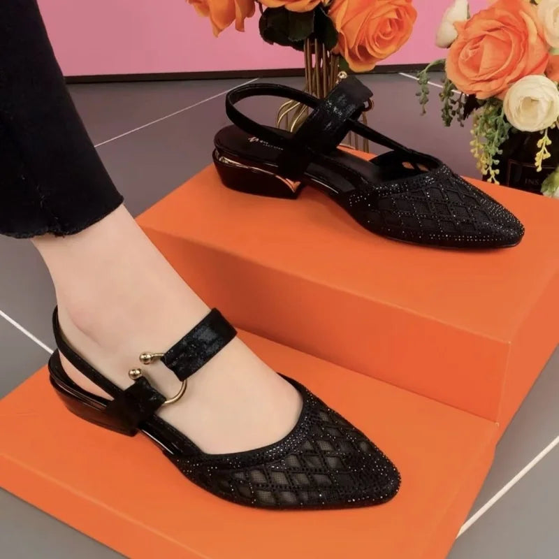 Women's Pointed Toe Heeled Sandals Summer Retro Breathable Hollow Chunky Heel Shoes for Women Closed Toe Ladies High Heel Sandal