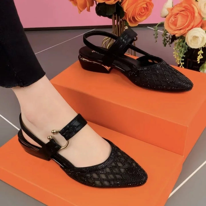 Women's Pointed Toe Heeled Sandals Summer Retro Breathable Hollow Chunky Heel Shoes for Women Closed Toe Ladies High Heel Sandal