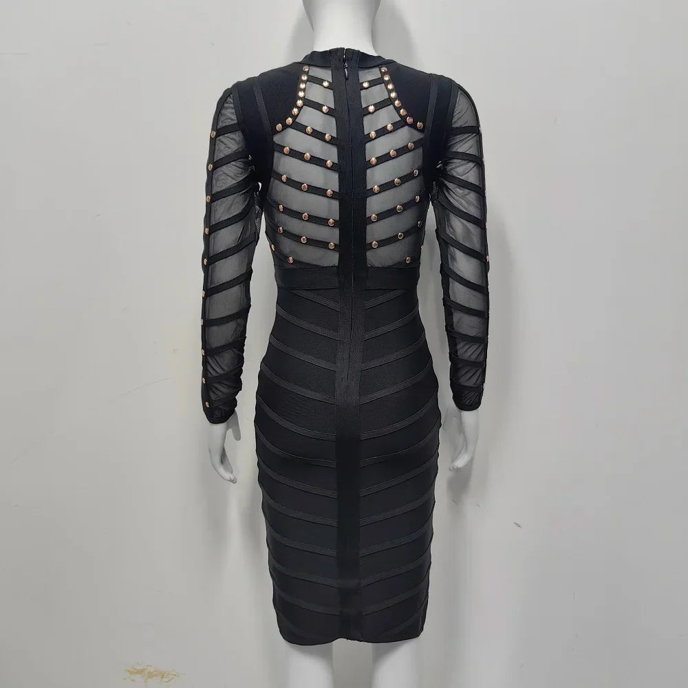BEAUKEY Sexy Black Khaki Rivet Bandage Dress 2022 For Women Mesh See Through Nail Beaded Long SLeeve Bodycon Party Vestidos XL