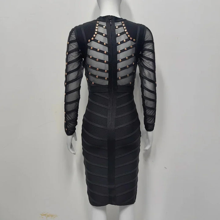 BEAUKEY Sexy Black Khaki Rivet Bandage Dress 2022 For Women Mesh See Through Nail Beaded Long SLeeve Bodycon Party Vestidos XL