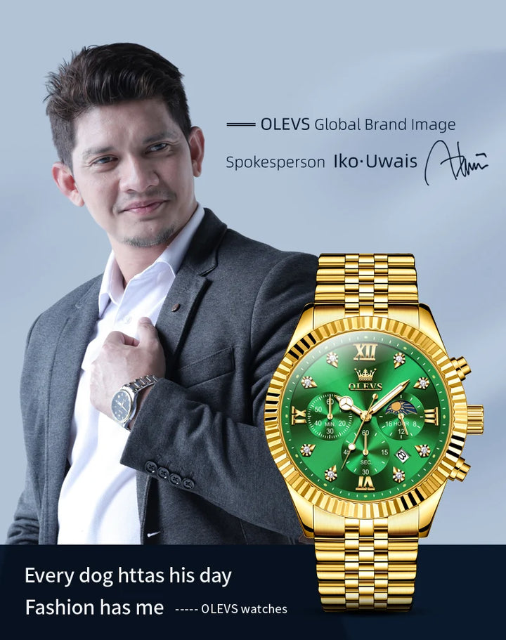 OLEVS Men's Watches Luxury Gold Original Quartz Watch for Man Waterproof Classic Commemorative Strap Moon Phase Chronograpgh
