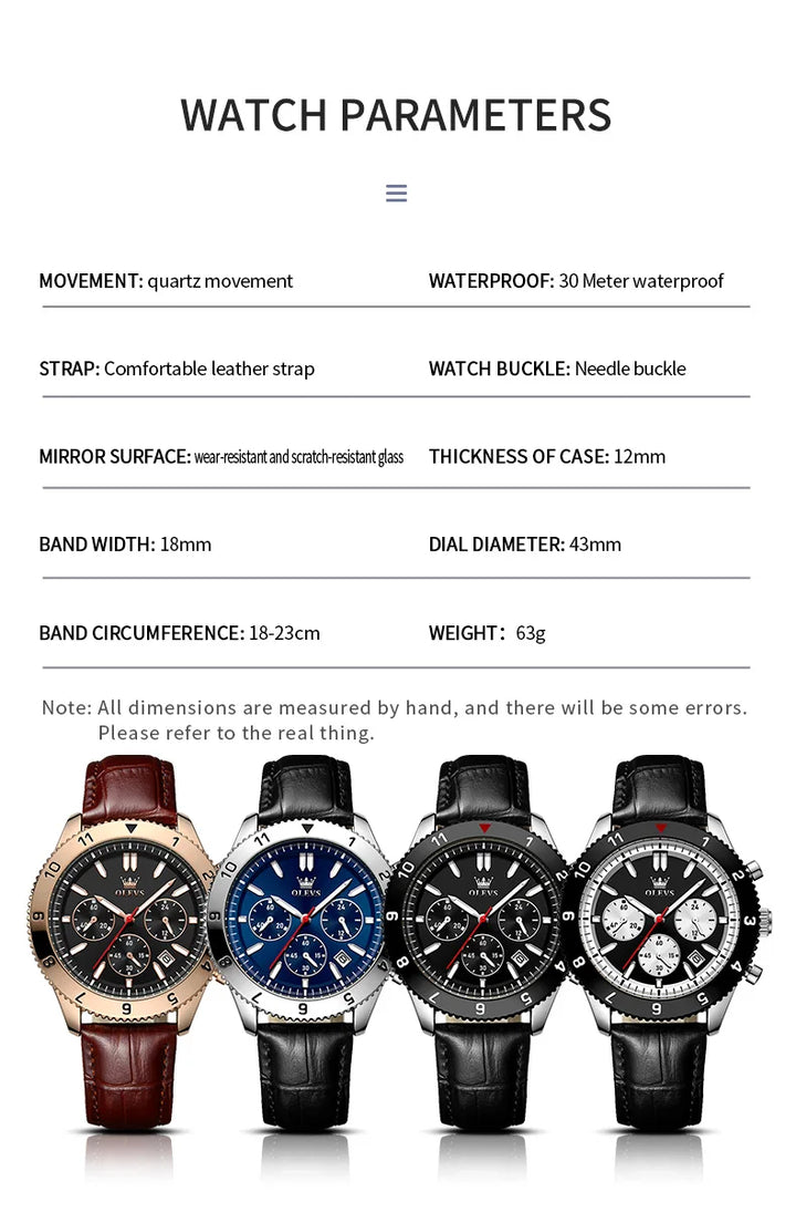 OLEVS Original Quartz Watch for Men Leather Strap Chronograph Calendar Waterproof Luminous Men's Wristwatches Relógio Masculino