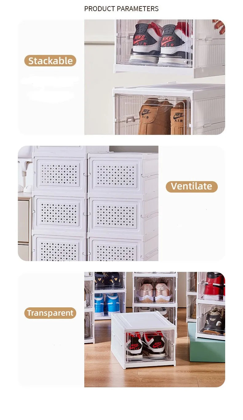 Shoes Storage Box Foldable Transparent Sneaker Shoe Organizers Cabinet Stackable Dustproof High-top Cabinet Shoe Rack Shelf