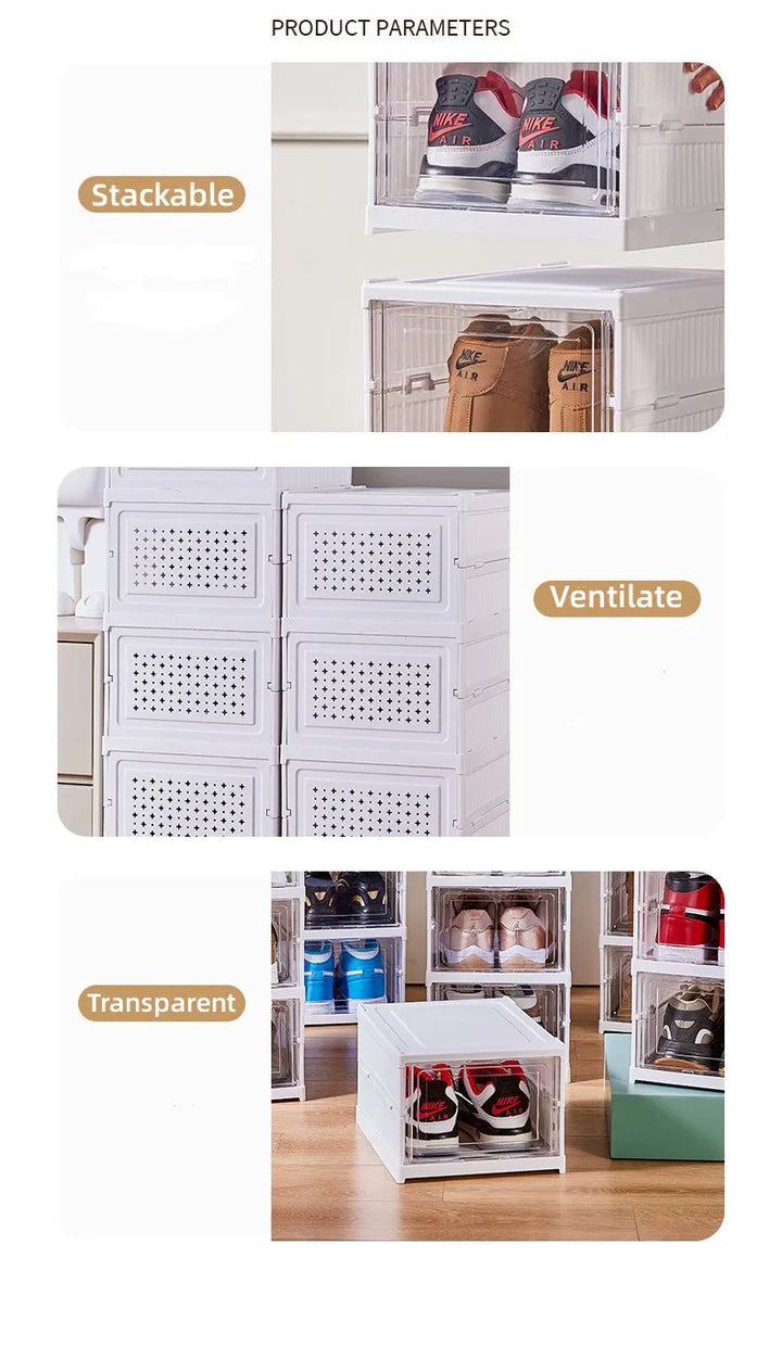 Shoes Storage Box Foldable Transparent Sneaker Shoe Organizers Cabinet Stackable Dustproof High-top Cabinet Shoe Rack Shelf