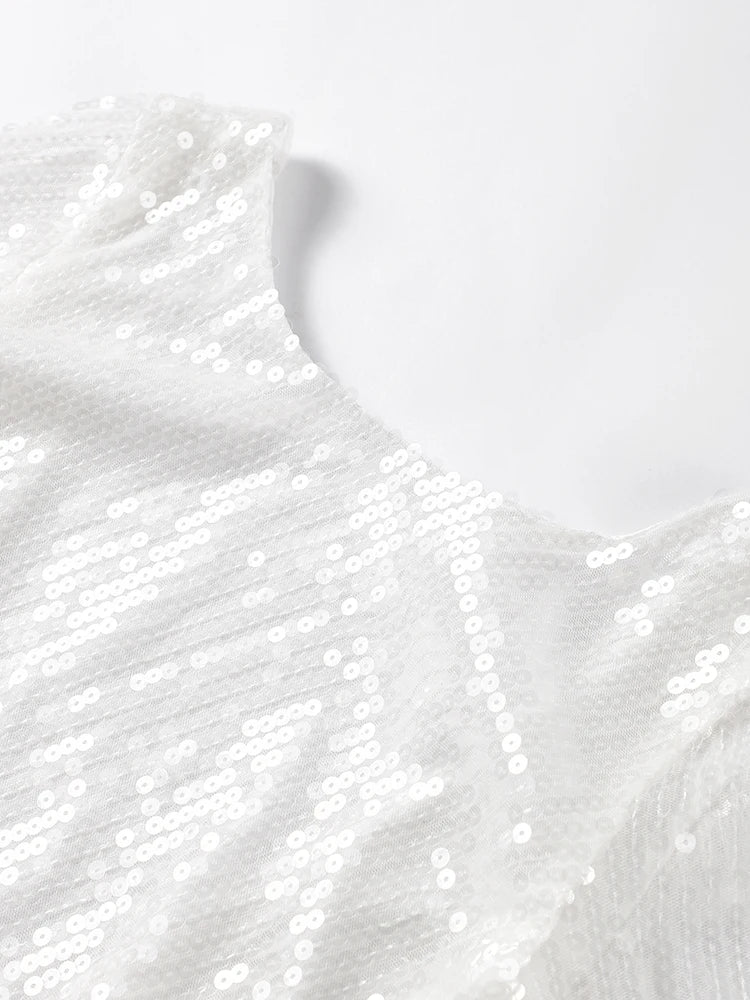 Women's Sparkling Backless Long Sleeved Dress Silver White Sexy Gauze Short Dresses Shiny Lining Elegant Summer Autumn Lady Top