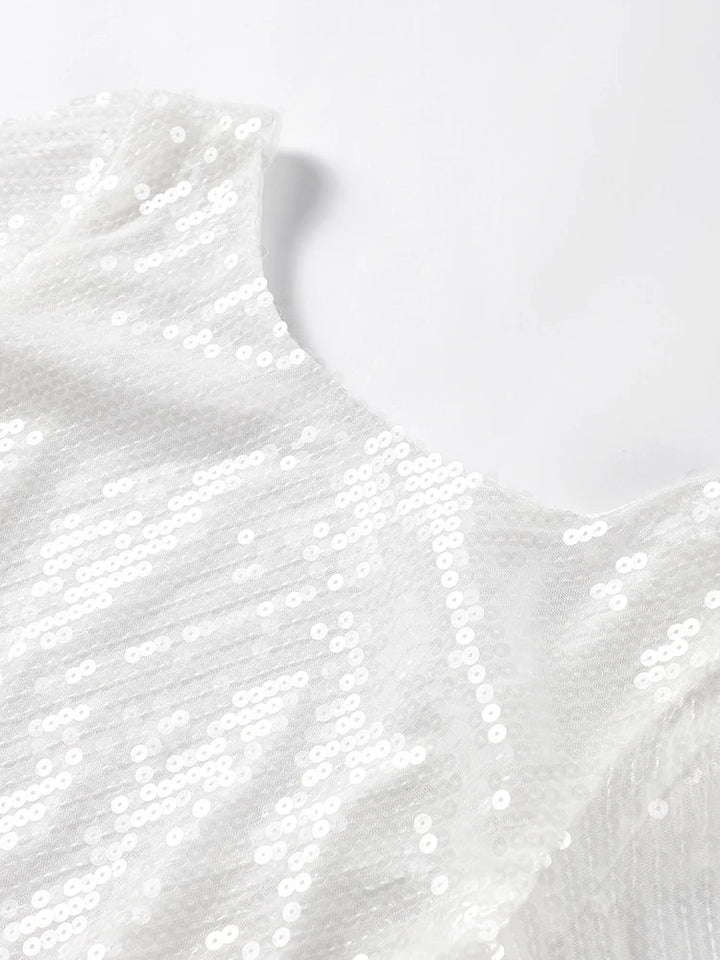 Women's Sparkling Backless Long Sleeved Dress Silver White Sexy Gauze Short Dresses Shiny Lining Elegant Summer Autumn Lady Top