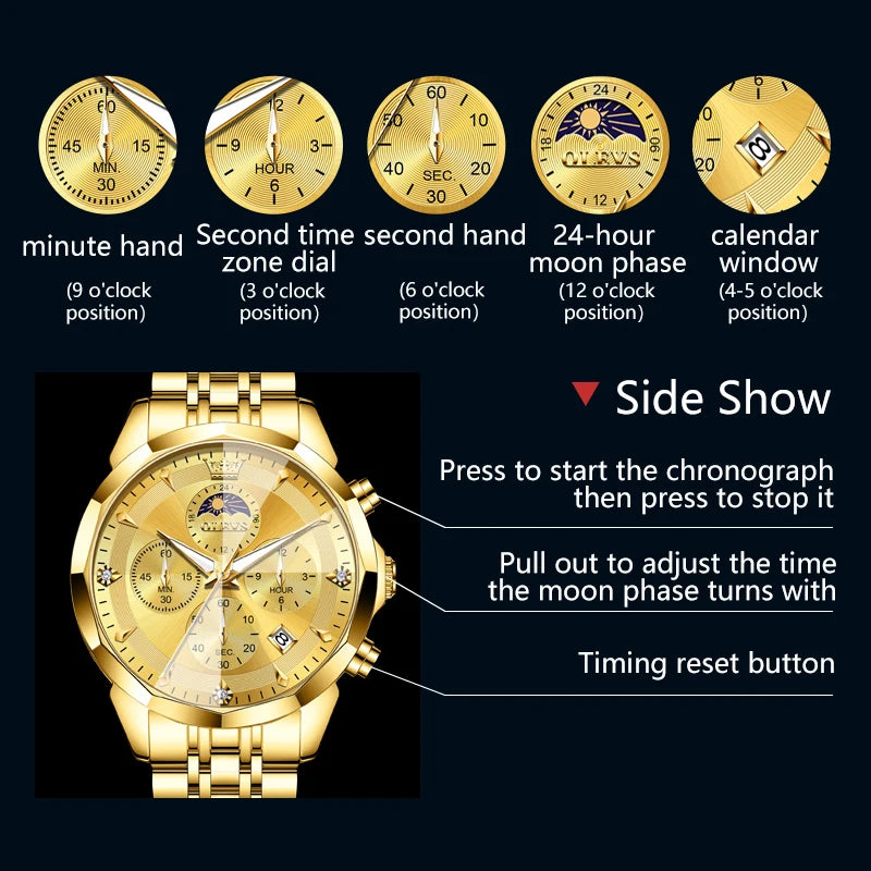 OLEVS 3673 Mens Watch Original Business Brand Quartz Watch Rhombus Mirror Waterproof Luminous Automatic Date Moon Phase Watch