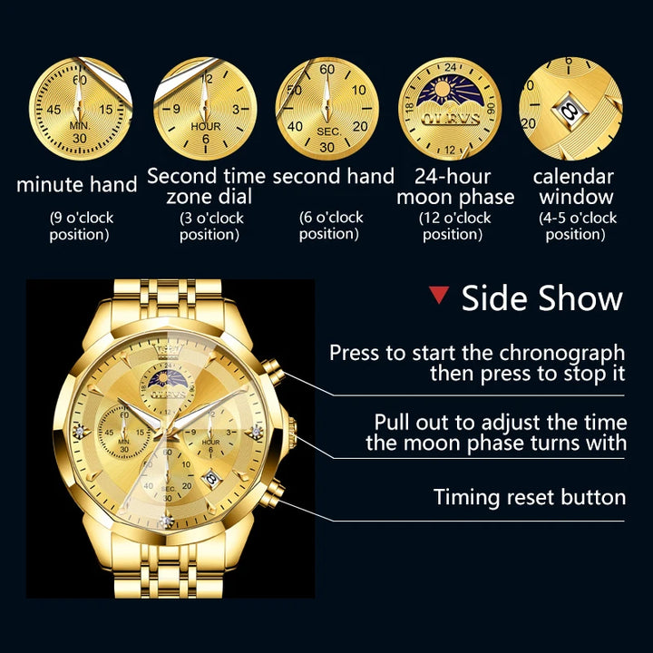 OLEVS 3673 Mens Watch Original Business Brand Quartz Watch Rhombus Mirror Waterproof Luminous Automatic Date Moon Phase Watch