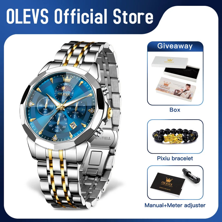 OLEVS 3673 Mens Watch Original Business Brand Quartz Watch Rhombus Mirror Waterproof Luminous Automatic Date Moon Phase Watch