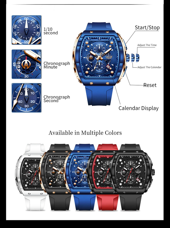 LIGE Outdoor Square Casual Sport Quartz Man Watch Top Brand Luxury Watches Fashion 50M Waterproof Auto Date Silicone Chronograph