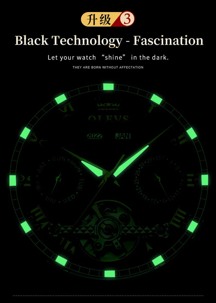 OLEVS Brand Automatic Mechanical Men Watches Waterproof Stainless Steel Strap Watch for Man Skeleton Calendar Hollow out Design