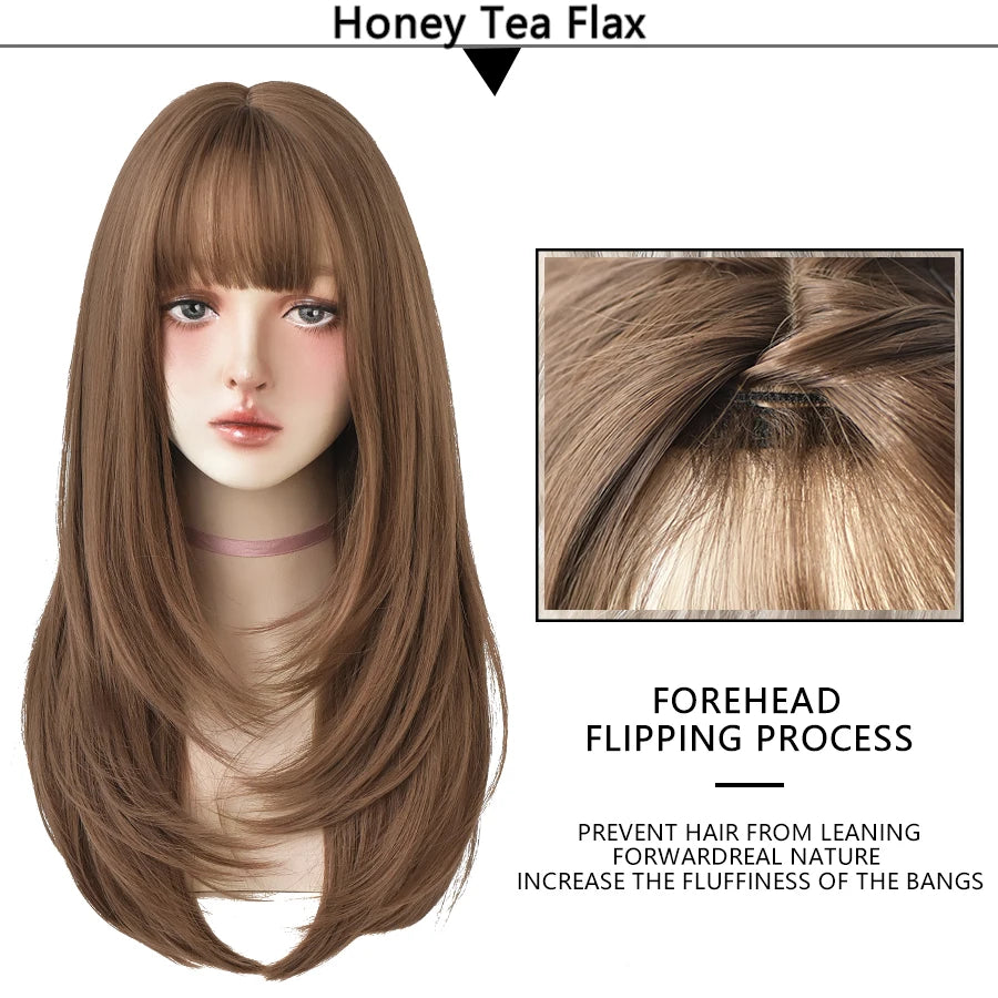 7JHHWIGS Long Wavy Synthetic Black Wigs For Women With Fringe Fashion Heat Resistant Mid-Length Daily Straight Light Brown Hair