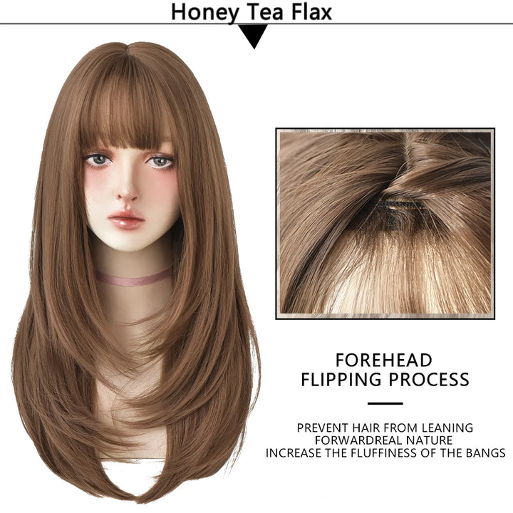 7JHHWIGS Long Wavy Synthetic Black Wigs For Women With Fringe Fashion Heat Resistant Mid-Length Daily Straight Light Brown Hair